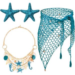 4 Pcs Halloween Mermaid Costume for Women Mermaid Outfit Crochet Skirt Cover up Accessories Set for Cosplay Party (Blue)