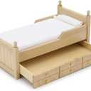 Dollhouse Miniature Bed with Drawer 1:12 Wooden Furniture European Bedroom Bedding Furniture Accessories with Pillow & Mattresses Vintage Floral Fabric Mini House Decoration (Woody)