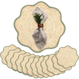 Jingmore 12 Pcs Wedding Placemats 15 Inch Handwoven Scalloped Placemats Boho Rattan Chargers for Dinner Plates Farmhouse Mats for Dining Table Decoration Wedding Party Supplies (Green)