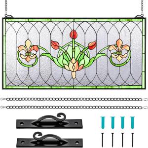 Maxdot 32"x16" Stained Glass Transom Window Panel, Large Horizontal Tulips & Irises Handcrafted Hanging Decor with Chain, Vintage Home Decor & Ideal Gift for Art Enthusiasts