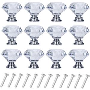 YourGift 12 Pack Drawer Knobs Diamond Shaped Crystal Glass 30mm Cabinet Knobs Pull Handles (Silver)