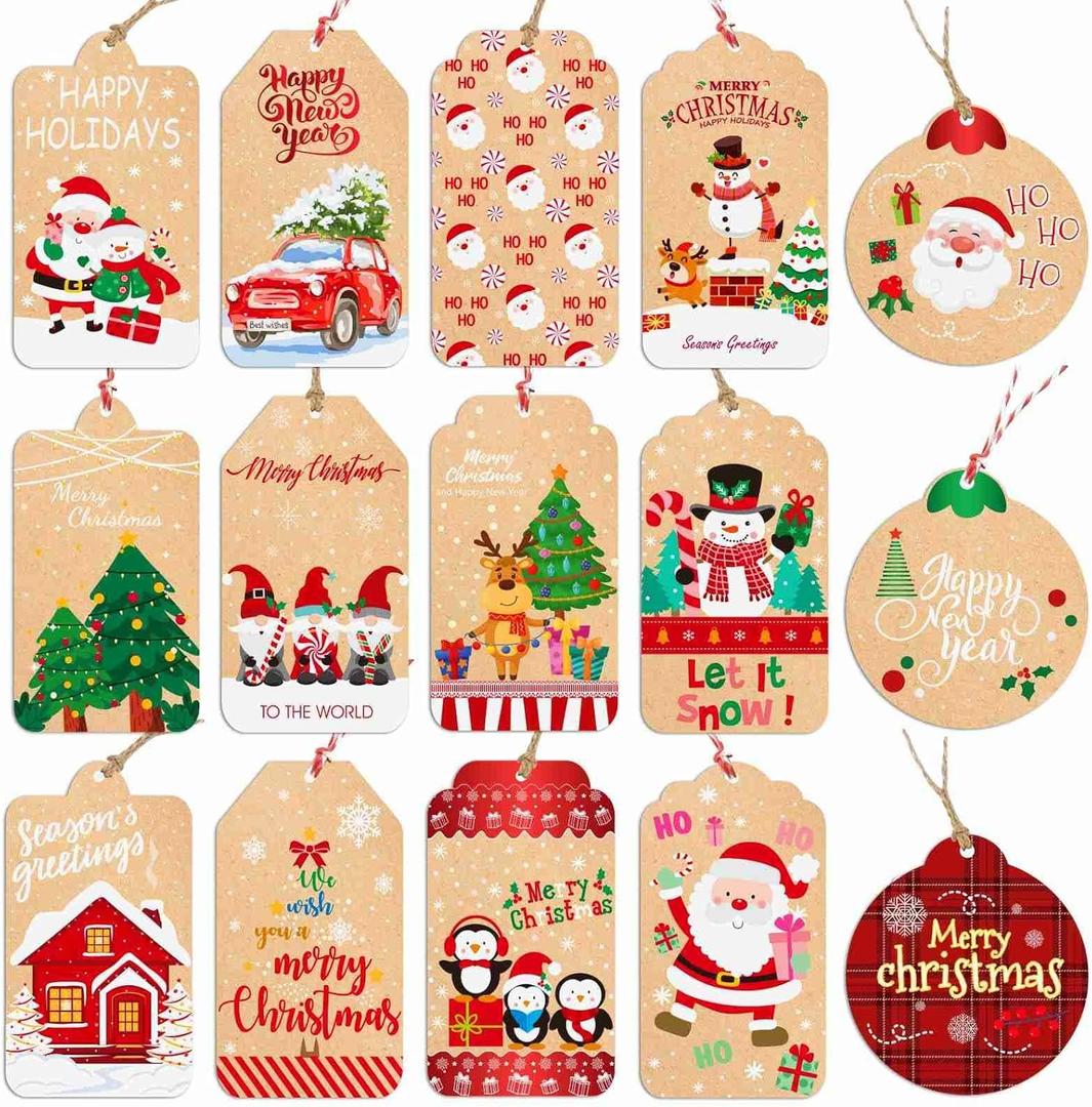 2 x Christmas Tags for Gifts, 15 Designs Kraft Paper Christmas Gift Tags with String Hanging Name Tag Labels for Christmas Gift Wrap, DIY Arts and Crafts, Christmas Party(2 x 3.5 Inch)