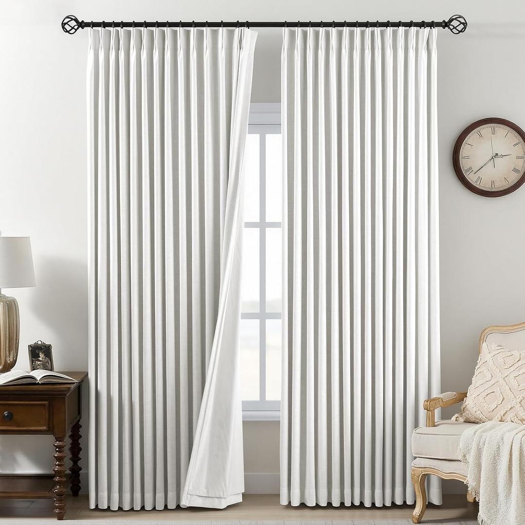 Pinch Pleated Curtains 100% Blackout Linen Curtains 90 Inches Long for Bedroom Living Room, Ivory White Memory Trained Thermal Insulated Room Darkening Window Drapes with Hooks 2 Panels 40"Wx90"L