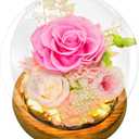 Preserved Flowers for Mom - Preserved Pink Roses in Glass Dome with LED Light for Girlfriend, Eternal Real Flowers for Women, Unique Long-Lasting Gift to Celebrate Christmas (Prime Delivery)