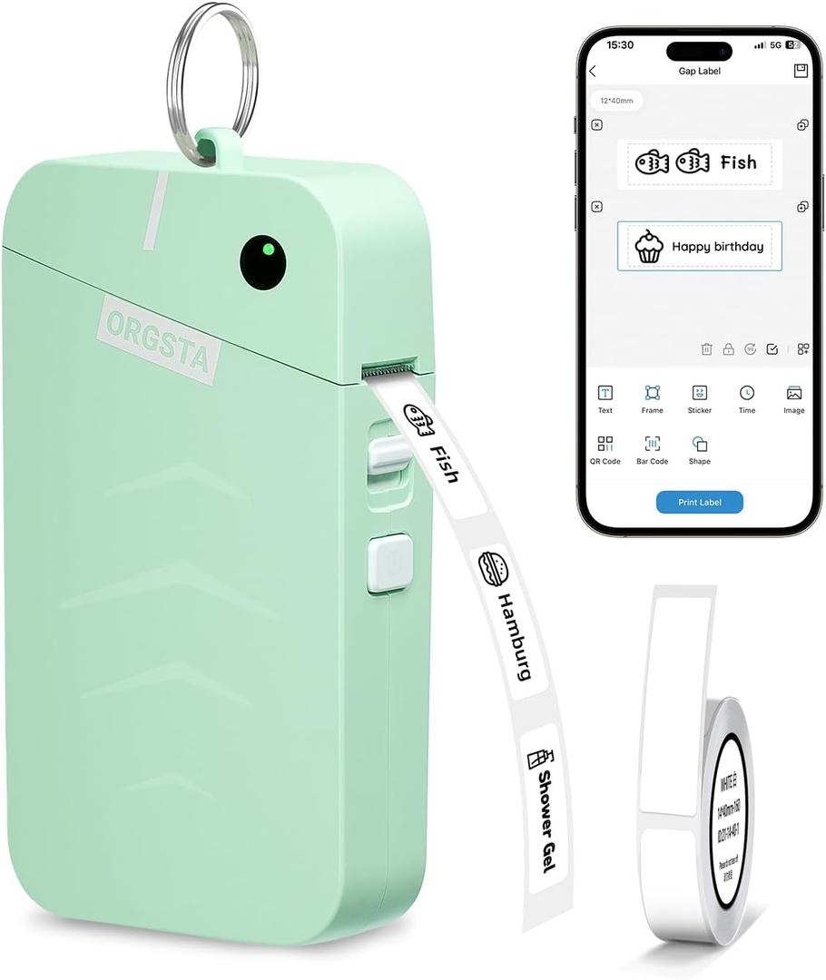 ORGSTA S001 Label Maker Machine with Tape, Portable Bluetooth Label Maker for Home and Office Organization, Thermal Label Printer Mini Sticker Maker with Multiple Templates, Green