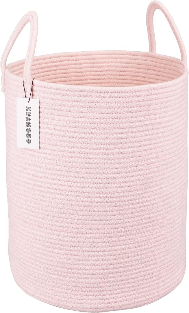 XUANGUO Cotton Rope Laundry Basket Hamper for Girls Kids Baby Nursery Hamper Bin Woven Storage Basket for Living Room Girls room Boho Tall Rope Baskets for Blanket Toys Large light pink (Regular)