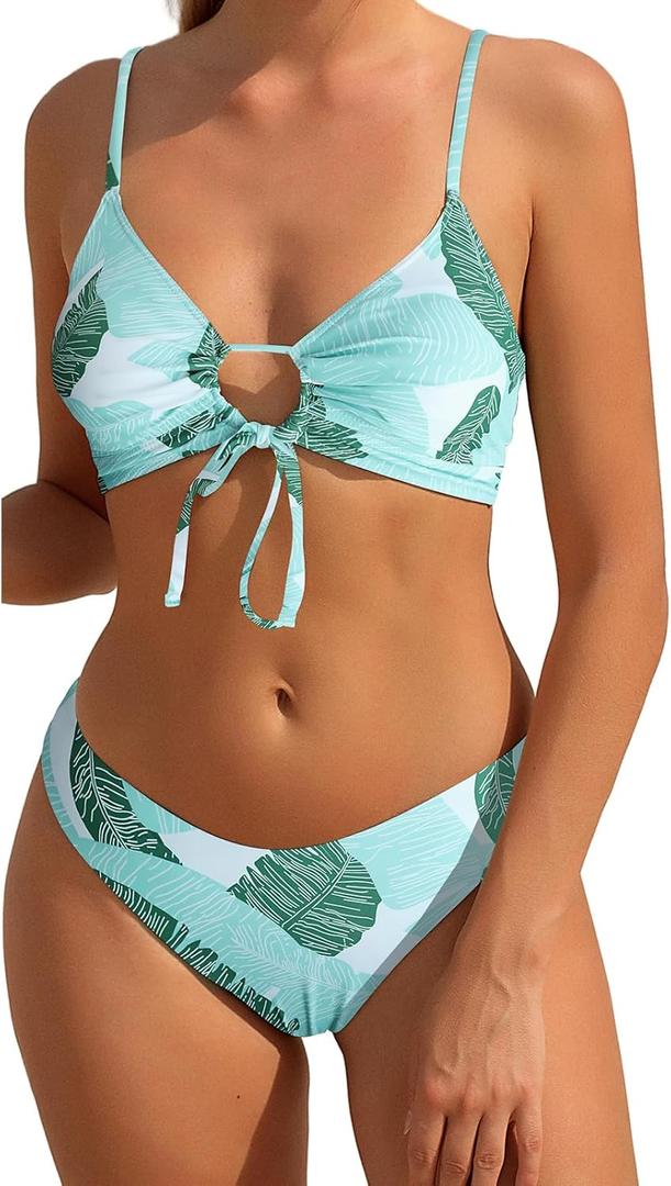 Bikini Set for Women Two Piece Swimsuits High Waisted Cut Out Tie Front Cheeky Crisscross Halter Bathing Suit (X-Large, Z-palm Leaves-light Blue)