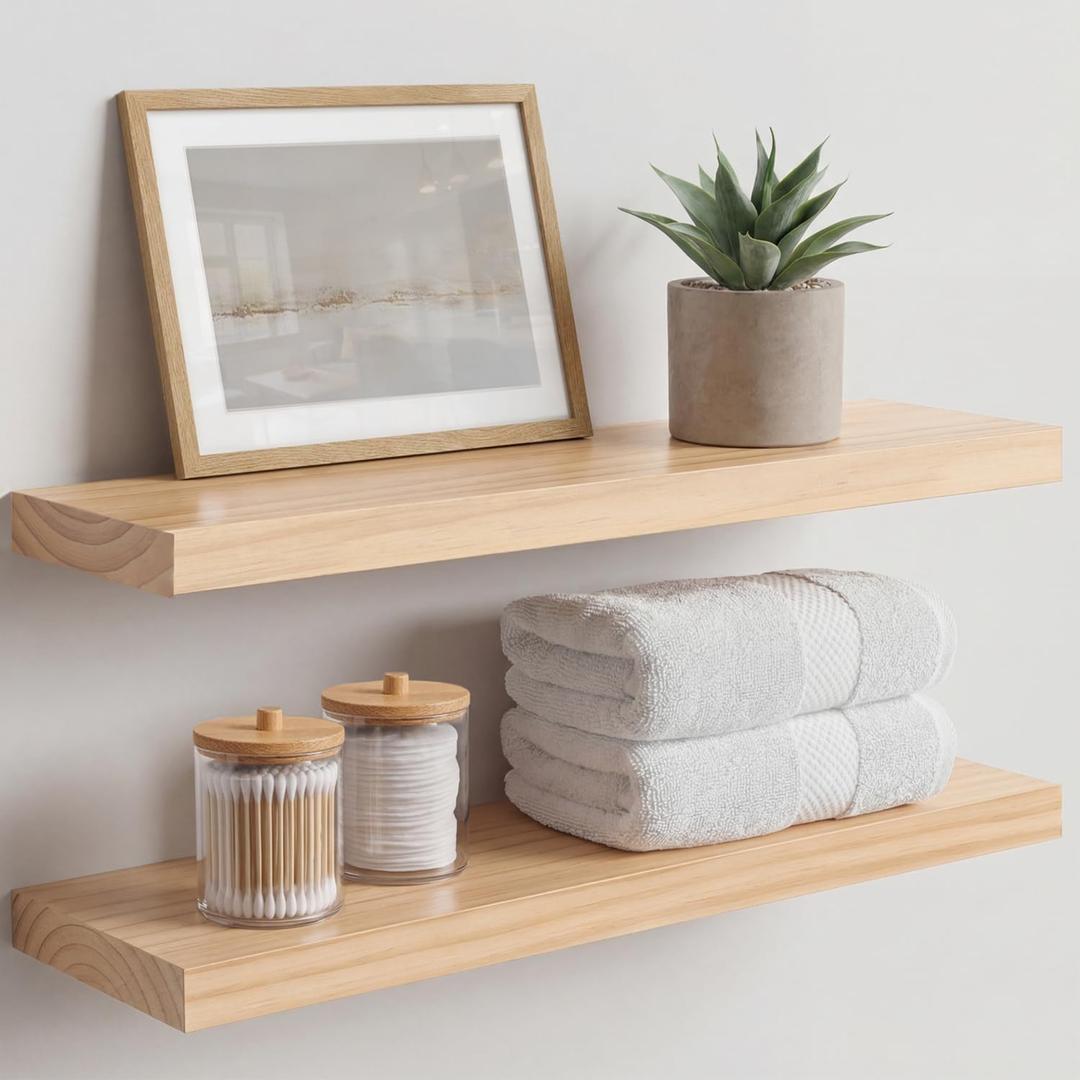 Homeforia 24 inch Natural Floating Shelf, High End Solid Real Wood 24inch Small Floating Shelves for Wall Mounted, Natural Wooden Floating Shelves, Heavy Duty Bracket, 24 X 6.5 X 1.75 in, Set of 2