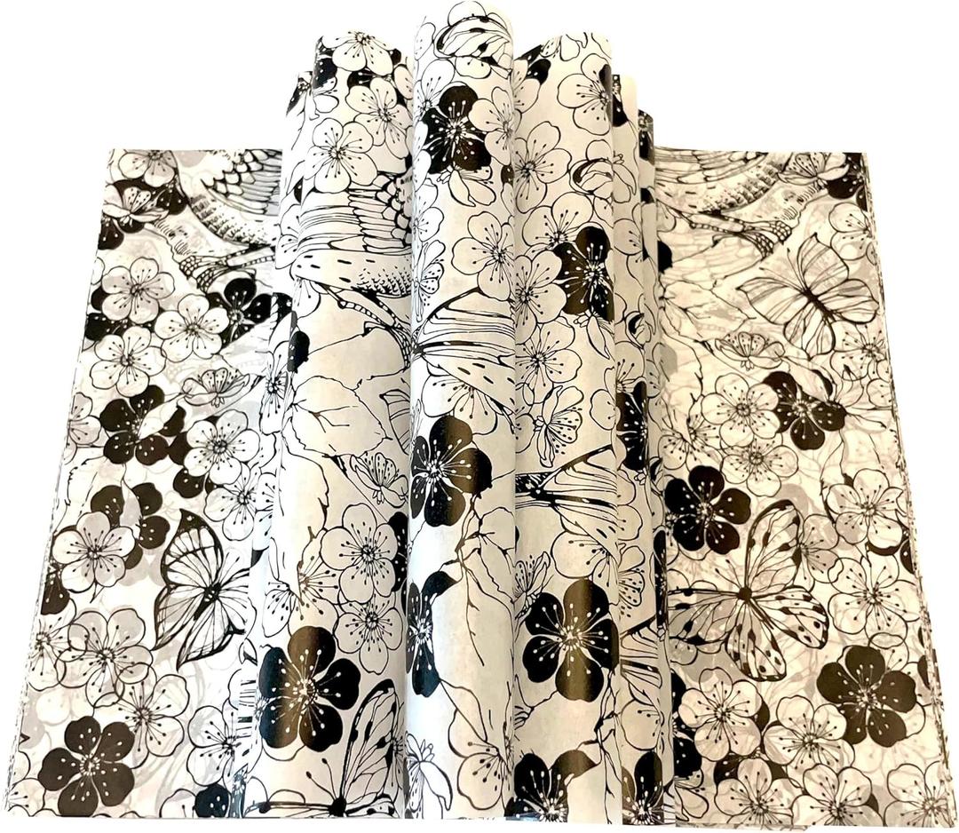 150pcs Summer Black and White Floral Wax Paper Sheets Sandwich Wrapping Paper, Greaseproof Wrap Parchment Papers Air Fryer Disposable Liner Food Basket Liners for Outdoor Picnic, 25*22cm