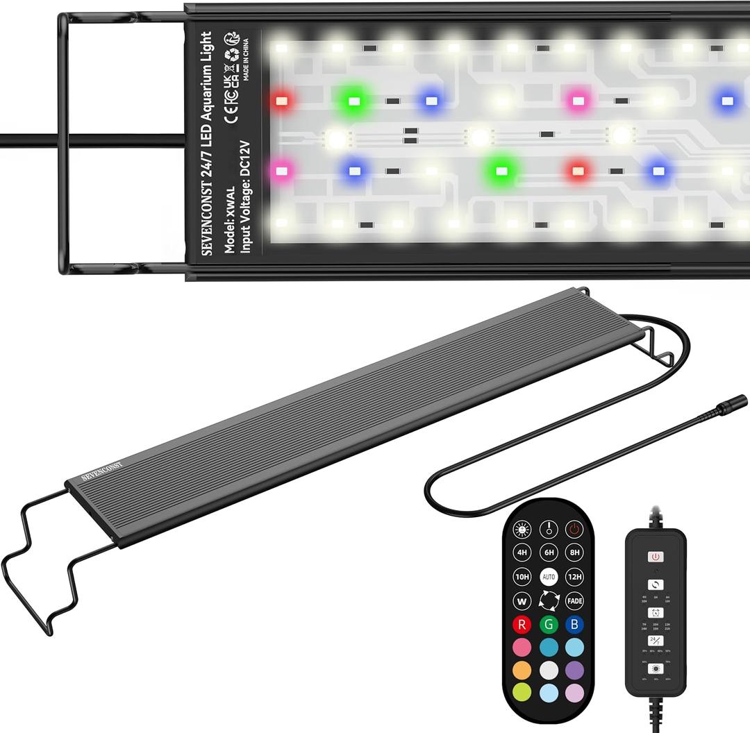 24/7 LED Aquarium Light with Remote for 36-46 Inch Plant & Fish Tank IP68, 12-Color & Gradient & Full Spectrum Light with Timer, Auto On/Off, Brightness, Extendable Brackets for Freshwater