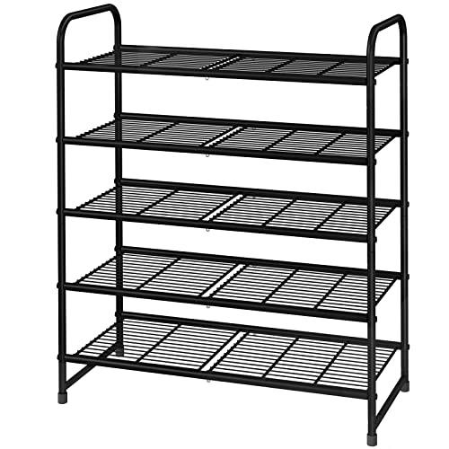 Simple Trending 5-Tier Stackable Shoe Rack, Expandable & Adjustable Shoe Organizer Storage Shelf, Wire Grid, Black