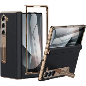 for Samsung Galaxy Z Fold 6 Phone Case,Luxury Premier Genuine Leather,Full Body Hinge Protection,Built-in Screen Protector,Kickstand Slim Protective Cover for Galaxy ZFold 6 (Black)