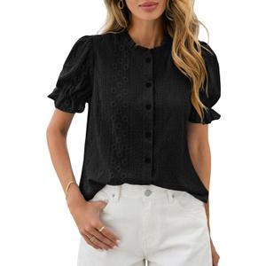 PRETTYGARDEN Womens Embroidered Puff Short Sleeve Tops 2026 Summer Spring Dressy Casual Blouses Boho Button Down Shirts Black, Large