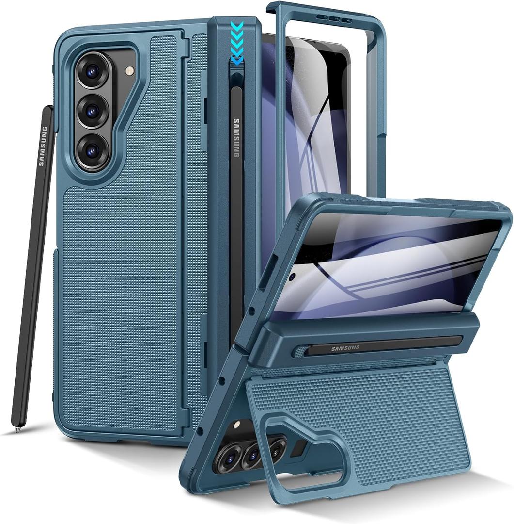 VEGO for Z-Fold-5-Case: with S Pen Holder [Hinge Protection] [Front Screen Protector][Invisible Kickstand] Heavy Duty Anti-Slip Shockproof Portective Cover for Samsung Galaxy Z fold 5 Case -Blue