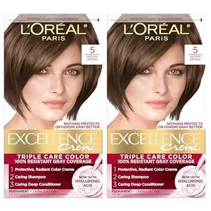 L'Oreal Paris Excellence Crème Permanent Hair Dye, Triple Care Hair Color with Hyaluronic Acid for 100% Gray Coverage, 5 Medium Brown, 1 Kit Pack of 1
