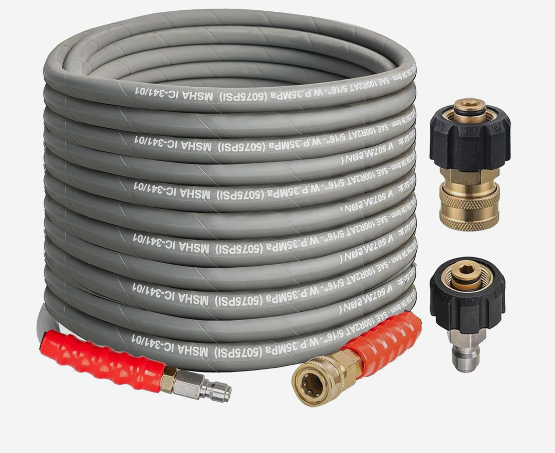 Hourleey Pressure Washer Hose 50FT, Kink Resistant High Tensile Wire Power Washer Hose, Rubber Wire Braided with 3/8" Quick Connect for Hot/Cold Water, 4000 PSI, Gray