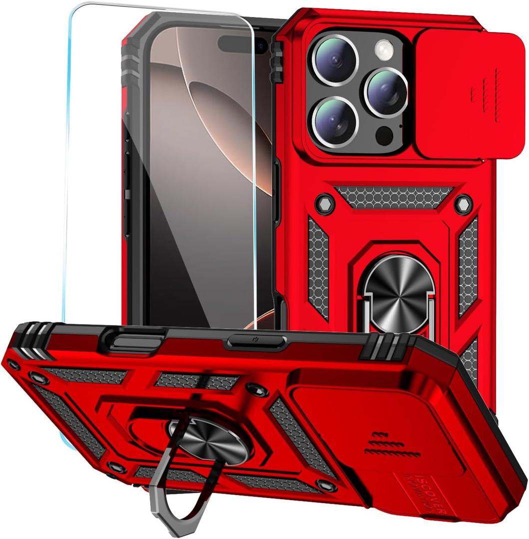 SunStory Phone Case for iPhone 16 Pro Max Case with HD Screen Protector & Slide Camera Cover & Rotated Ring Kickstand, [Military-Grade] Phone Case for iPhone 16 Pro Max 6.9", Red