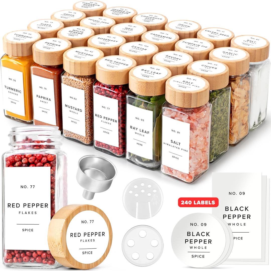 Square Spice Jars with Bamboo Wooden Lid (Pack of 24) Spice Jars with Shaker Insert and 240 Labels - Bamboo Lid Glass Container for Spice Organisation [4.3 in  1.8 in]