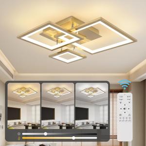 Modern Gold Led Ceiling Light 3-Square Design 3000K-6500K Dimmable LED Ceiling Light with Remote 33W Acrylic Ceiling Lighting Fixture for Bedroom Kitchen Dining Room Office Lamps