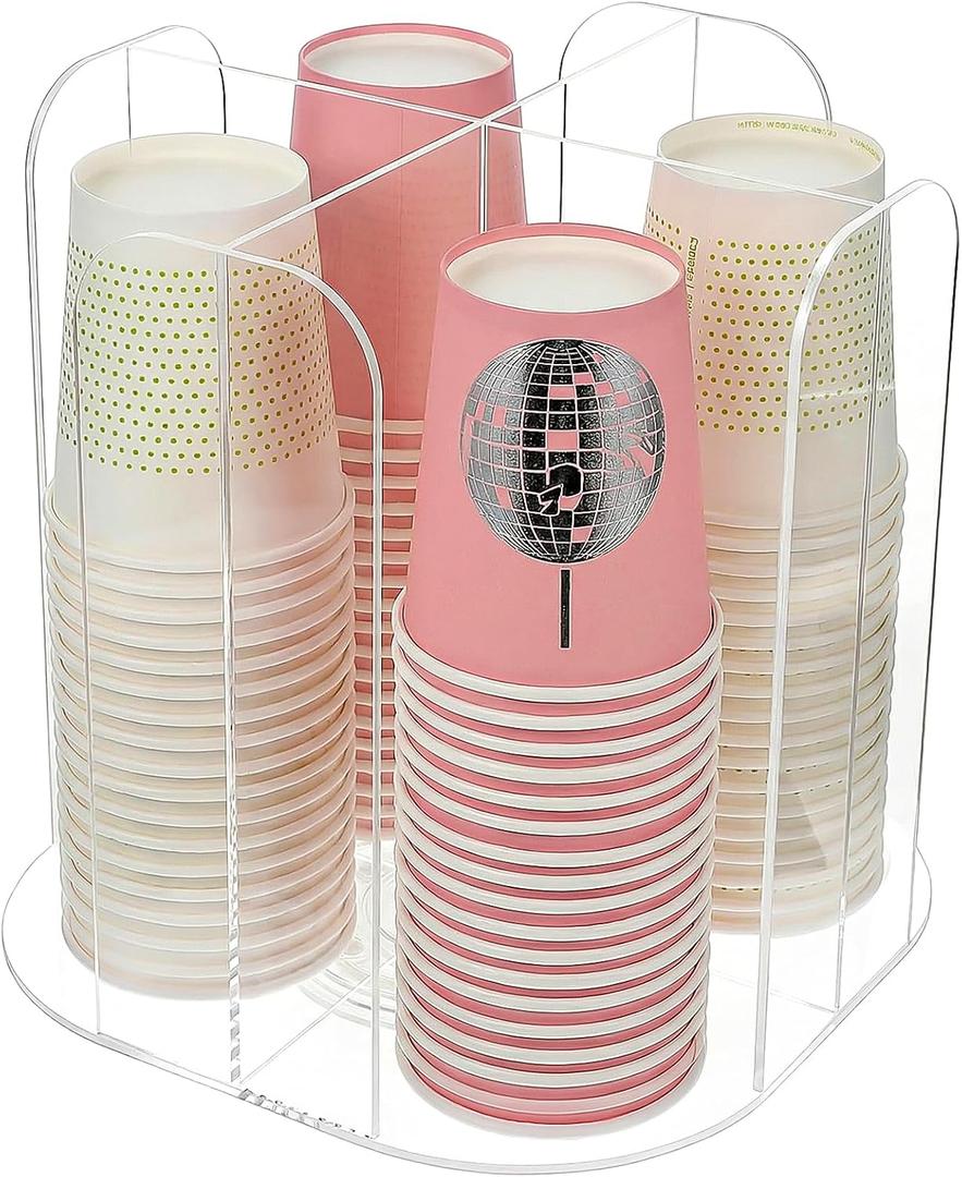 Acrylic Rotatable Cup and Lid Holder, 4 Compartments Rotating Plastic Cup Holder, Clear Coffee Cups Dispenser for Restaurant, Buffet, Coffee Station, Bar Countertop