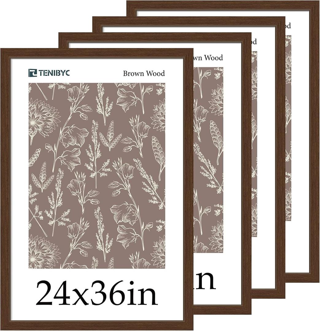 24x36 Poster Frame - 4 Pack, Brown Wood Picture Frame, Suitable for Photos, Puzzles, Paintings & Maps, Wall Hanging