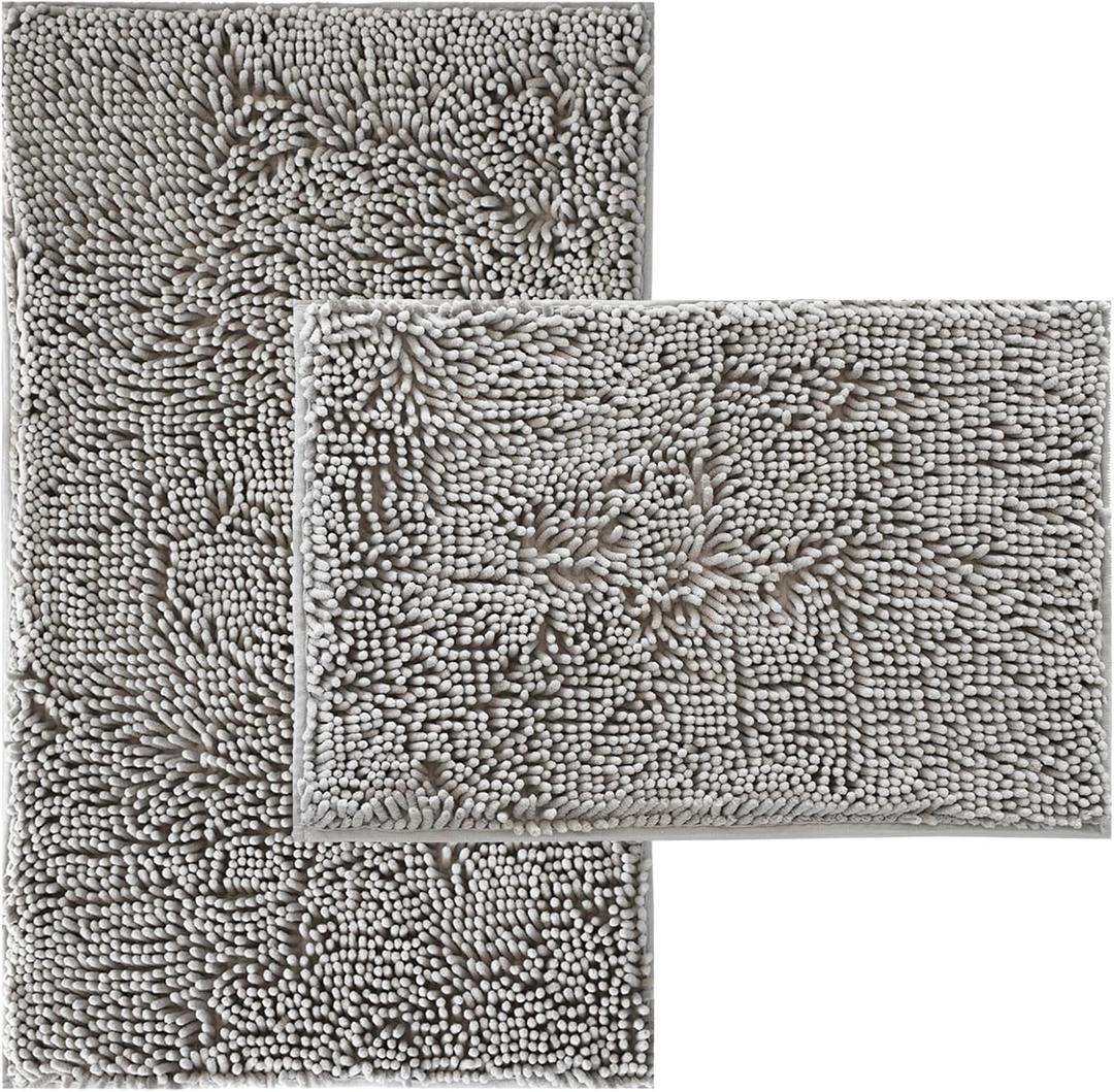 Bathroom Rugs Sets 2 Piece Plush Chenille Bath Rugs Non-Slip Bath Mats Absorbent Shaggy Rugs,Bathtub Mat, Gray Pet Dog Mats,Washable Bathroom Carpet for Tub, Shower, Washroom- 32x20 + 24x16 Inch