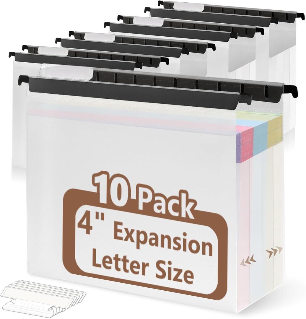 10 PCS 4 Inch Extra Capacity Hanging File Folder Plastic Letter Size Filing Cabinet Reinforced Hang Folders with Heavy Duty 4 Inch Expansion Black Insert Gasket 8.5 X 14 for Insertable Tabs