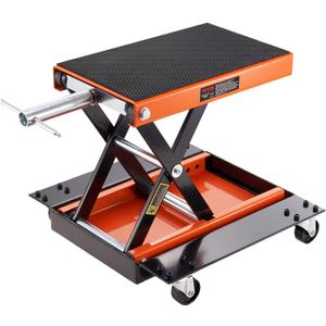 VEVOR Motorcycle Lift, 1100 LBS Motorcycle Lift ATV Scissor Lift Jack with Dolly & Hand Crank, Center Hoist Crank Stand with Wide Deck & Tool Tray for Street Bikes, Cruiser Bikes, Touring Motorcycles