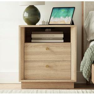 Nightstand with Charging Station, Mid Century Modern Nightstand with Wood Grain Texture, Boho End Table with Drawers Storage, Bedside Table for Bedroom Living Room Office, White Oak