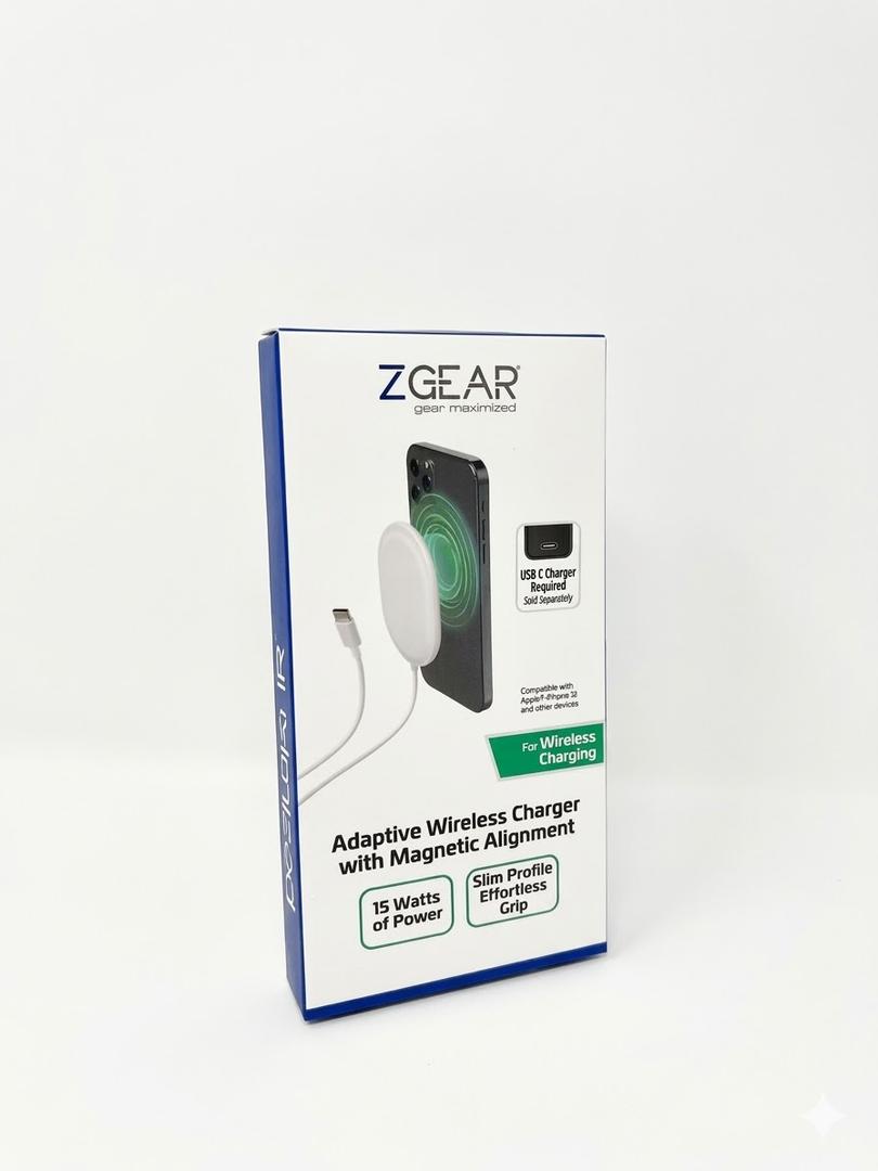 ZGEAR Adaptive Wireless Charger with Magnetic Alignment – 15W Fast Charging MagSafe Compatible Pad for iPhone 15/14/13/12 & Qi-Enabled Devices – Slim Design, USB-C (White)