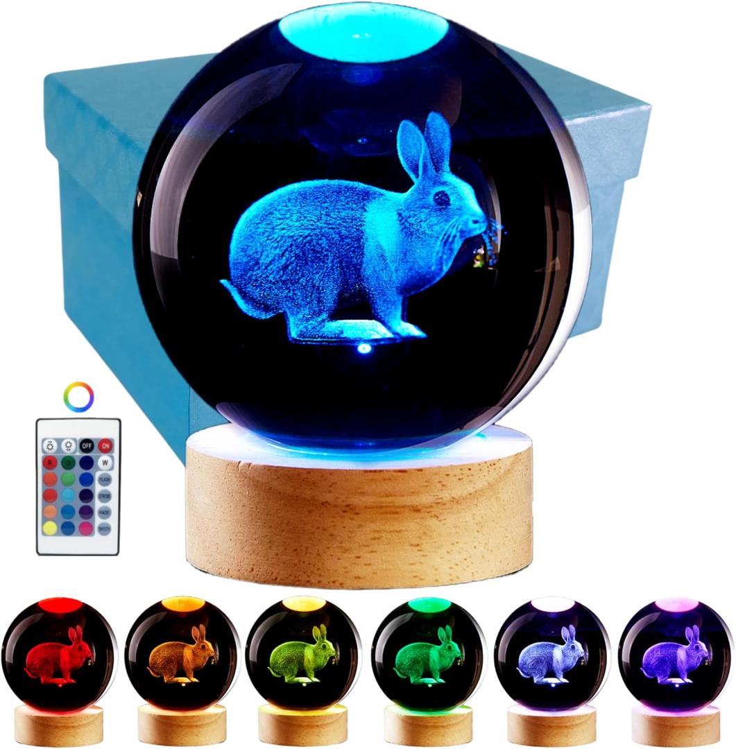 3D Crystal Ball Lamp with Lifelike LED Rabbit, 16 Color Changing Light, Dimmable Remote Control