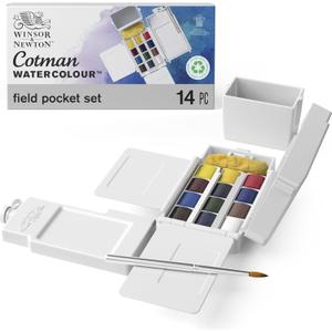 Winsor & Newton Cotman Watercolor Paint Set, Field Pocket Set, 12 Half Pan w/ Brush, Sponge, Bottle