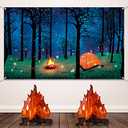 Forest Scene Camping Backdrop Photography Background Campfire Photo Backdrop and 2 Sets 3D Decorative Cardboard Campfire Centerpiece Artificial Fire Party Decoration for Camping Theme Party