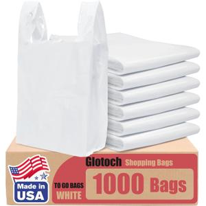 Glotoch 1000 Count-Plastic T-shirt Bags Plain White, 11.5" x 6.5" x 21" Grocery Bags with Handles for Restaurant, Retail, Grocery Store, Takeout, Convenience, Trash, Shopping Bag Small Business