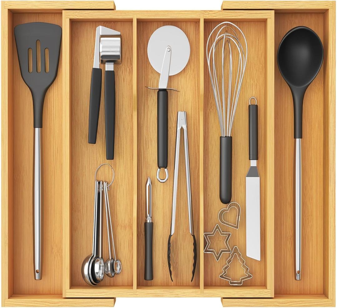 Lifewit Utensil Organizer for Kitchen Drawer, Expandable Cooking Utensil Tray, Bamboo Cutlery Silverware Flatware Holder, Adjustable Spatula Tools and Gadgets Storage Divider, Large, Natural (22.4 x 15 x 2 inches, White)
