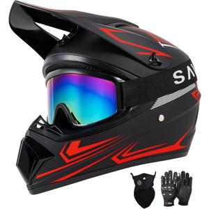 SPARK DOT Approved Youth Motocross Helmet Kids Dirt Bike Helmets - Full Face, Lightweight & Breathable for Off-Road E-Bike BMX MX ATV (with Gloves Goggles Mask) 4Pcs Set, Black Red, Small(55-56cm)