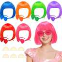 6 Pack Colored Short Bob Wigs and 6 Pcs Heart Sunglass Set, Neon Colorful Party Hair Wig for Women Costume Cosplay (Dark)