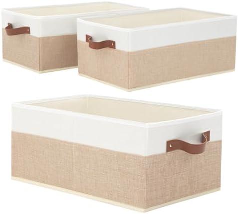 Closet Organizer Bins Pack of 3 , Large Storage Bins for Shelves, Foldable Closet Storage Boxes Baskets with Leather Handles for Organizing Clothes, Sheets, Jeans, Toys, Books（Beige