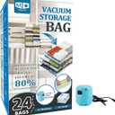 Vacuum Storage Bags with Electric Air Pump,24 Pack (12 Medium,12 Small Bags) Zip Seal Space Saver Bag for Travel Clothes,Blanket,Duvets,Pillows,Comforters (Clear)