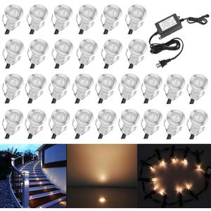 0.7" Tiny Warm White LED Deck Light Kit, Stainless Steel Waterproof Recessed Wood Decking Stairs Garden Yard Patio Decor Lamp Low Voltage Outdoor LED Lighting, Pack of 30