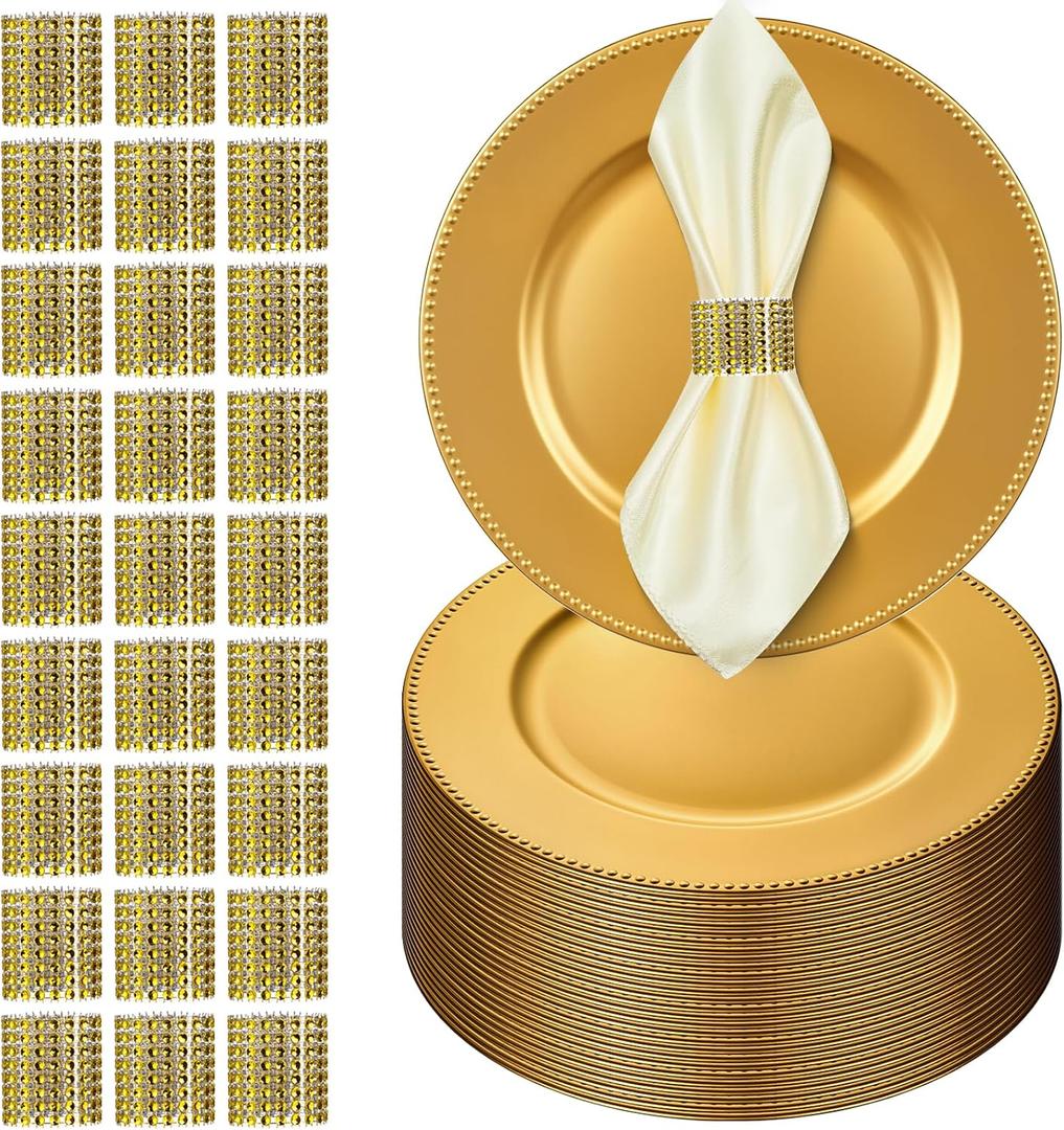 100 Pcs Gold Charger Plates with Napkin Rings Set Include 50 Gold Beaded Charger Plates 50 Napkin Rings, 13 Inch Plastic Round Chargers for Dinner, Wedding, Birthday, Party, Banquet, Table Setting, Large