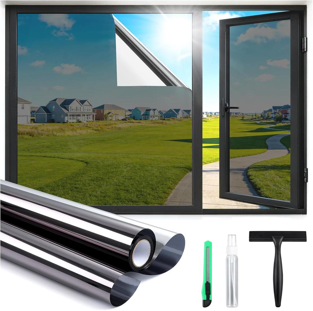 Haton One Way Window Privacy Film, Window Tint for Home with Tools, Static Cling Removable, UV Sun Heat Blocking Reflective Mirror Film, See Out Not in, Black-Silver, 35.4 by 78.7 inch