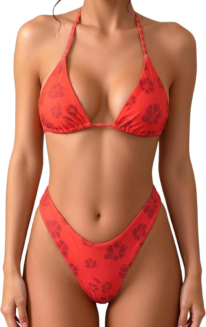 MakeMeChic Women's Polka Dots Triangle Thong Bikini Sets Floral Cute Bathing Suit Swimsuits, Coral, Small