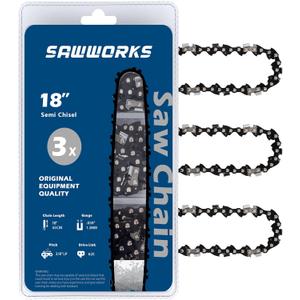 SawWorks 3-Pack 18 Inch Chainsaw Chain, 3/8" LP Pitch .050" Gauge 62 Drive Links Fits DEWALT 60V DCCS600, DCCS672, EGO CS1800, CS1804, Poulan Pro PR4218, 581562301, Oregon S62, CS1500 and More