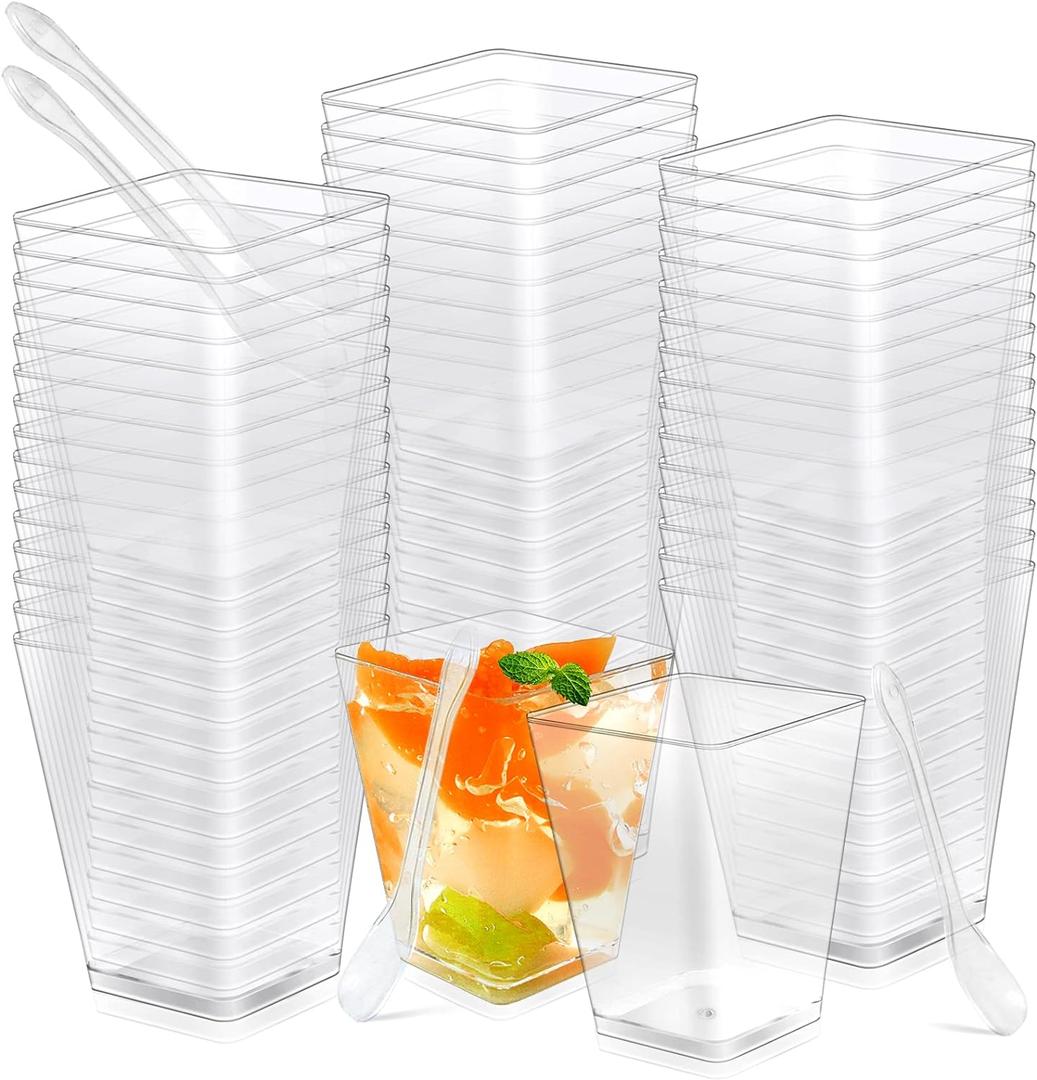 Oomcu 50 Pack 5 oz Square Clear Plastic Dessert Cups with Spoons  Disposable Appetizer Cups for Parties, Yogurt Parfait, Ice Cream, Pudding,Mousse, Salad, Veggies, Snack, Mini Dessert Serving Bowls
