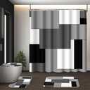 Grey Geometric Shower Curtain Set with Toilet Lid Cover and Non-Slip Rugs for Bathroom, Black White Checkered 4 Pcs Shower Curtain, Modern Abstract Bathroom Set with 12 Hooks