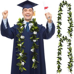 Riceshoot 2 Pcs Hawaiian Maile Lei 6.56 ft Green Garland White Tuberose Leaf Flower Necklace Gift for Wedding Hawaiian School Ceremony Luau Aloha Tropical Summer Party Supplies