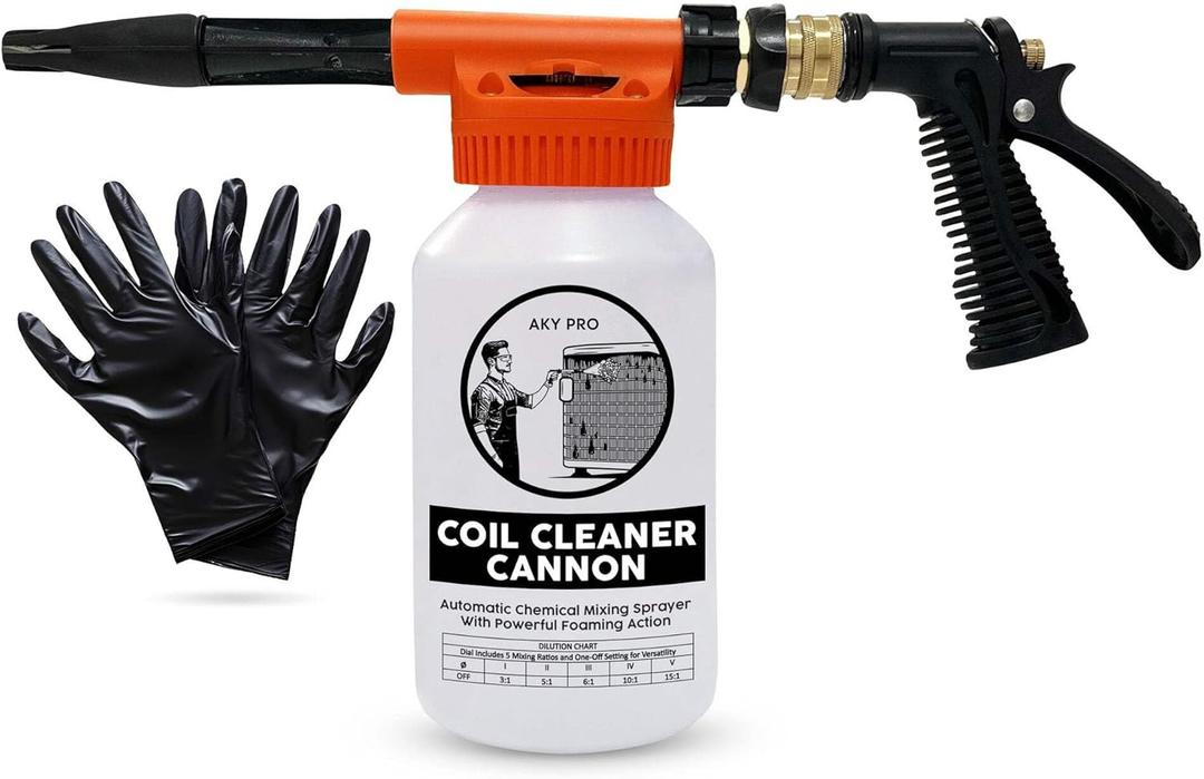 AC Coil Cleaner Cannon Sprayer - Automatic Mixing Foam Gun for HVAC Coil Cleaner - Air Conditioner Coil Cleaner for AC Unit, Evaporator & Condenser Coils - 2-Quart Bottle with Dilution Ratios + Gloves