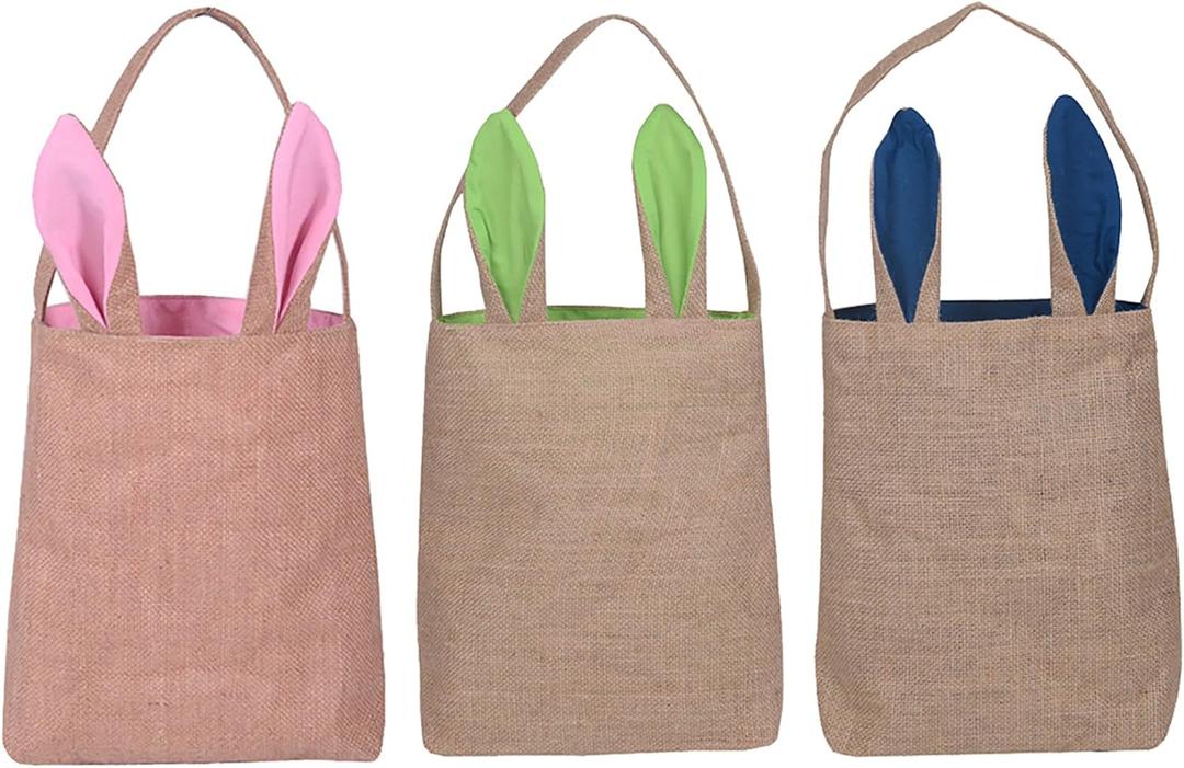 KEFAN 3 Pack Easter Bags, Egg Hunting Bunny Ear Baskets Jute Burlap Reusable Tote Bags for kids DIY Blank Gift Tote Bags
