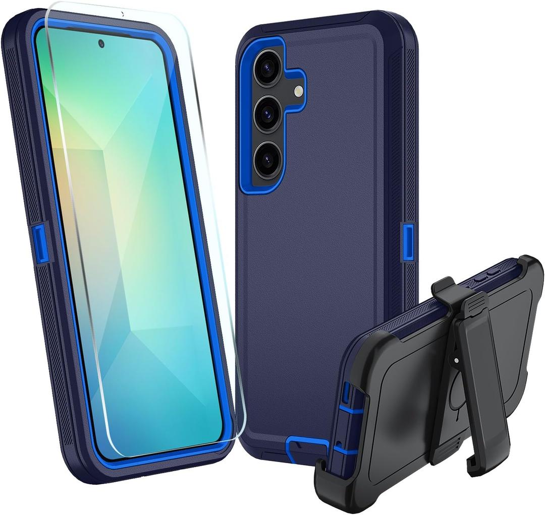 for Samsung Galaxy S25 Case, S25 Heavy Duty case, [Belt Clip Holster] [Glass Screen Protector] [Military Grade Protective ] [Shockproof] [Dropproof] [Dust-Proof] (with Belt Clip, Dark Blue)